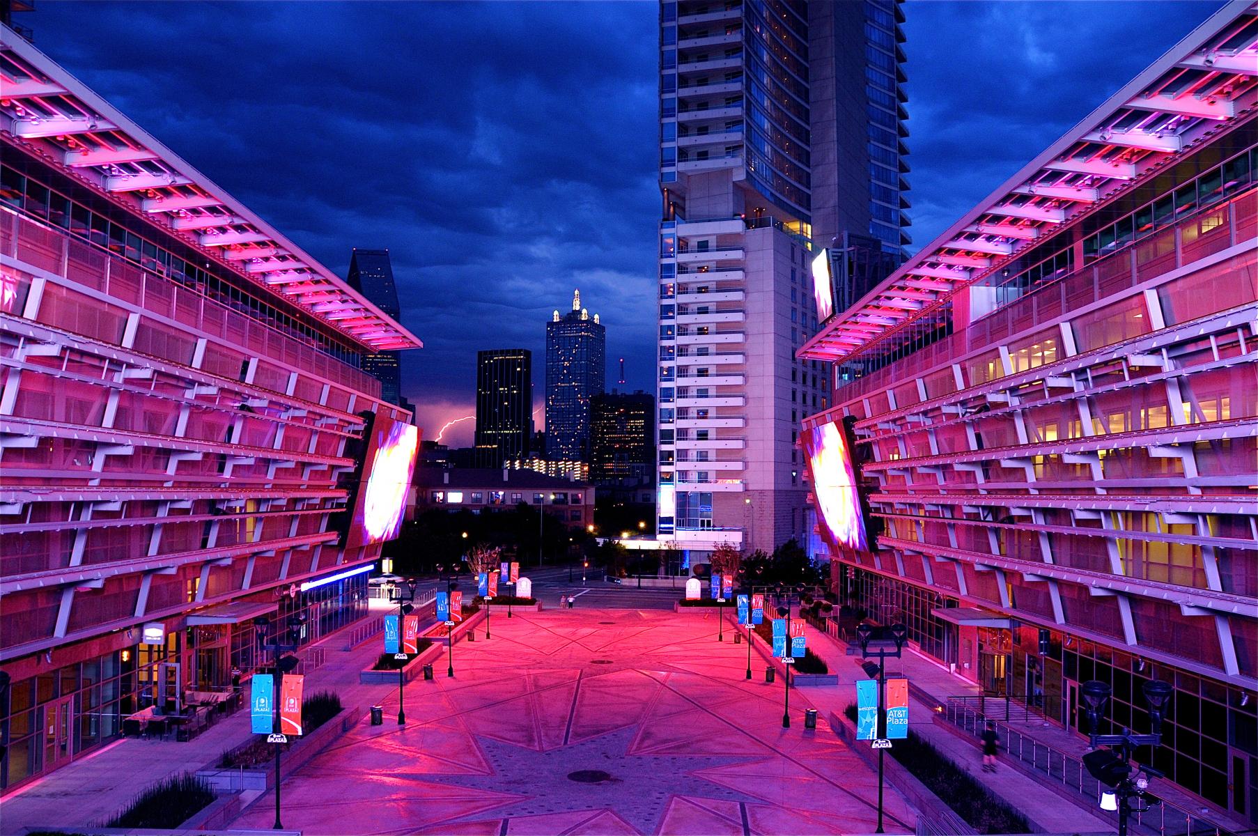 photo at American Airlines Center in Dallas, Texas during a lightning storm. photo by Laura Pollock